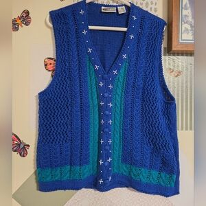 Vintage | 90s Blue Green Embroidered Knit Sweater Vest